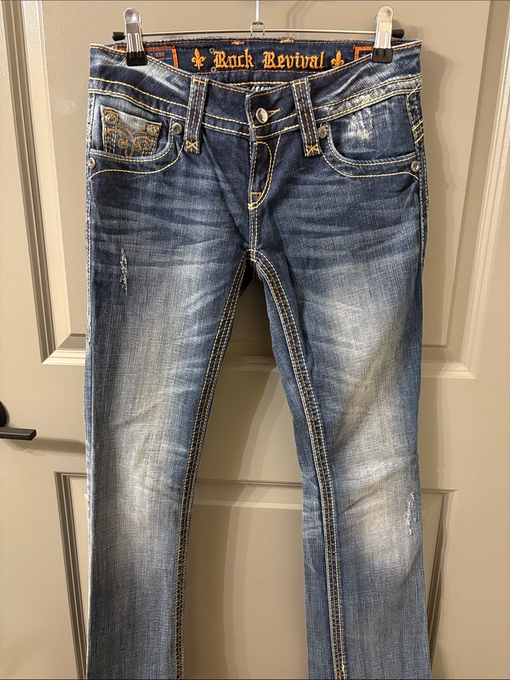 Rock Revival Vintage Christina Blue Faded Bootcut Jeans with Contrast Stitching
